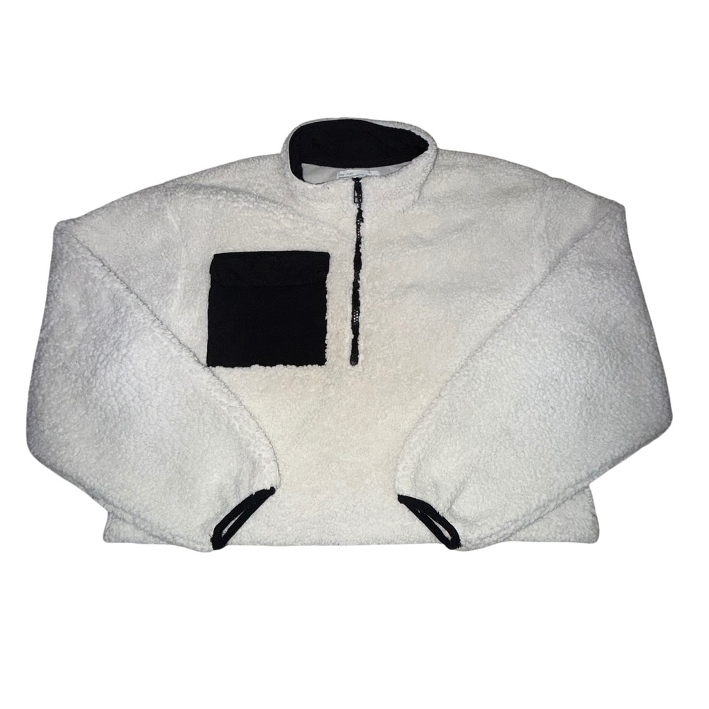 Oak + Fort Sherpa Fleece Pullover Medium Cream Black Quarter Zip Gorpcore Cozy